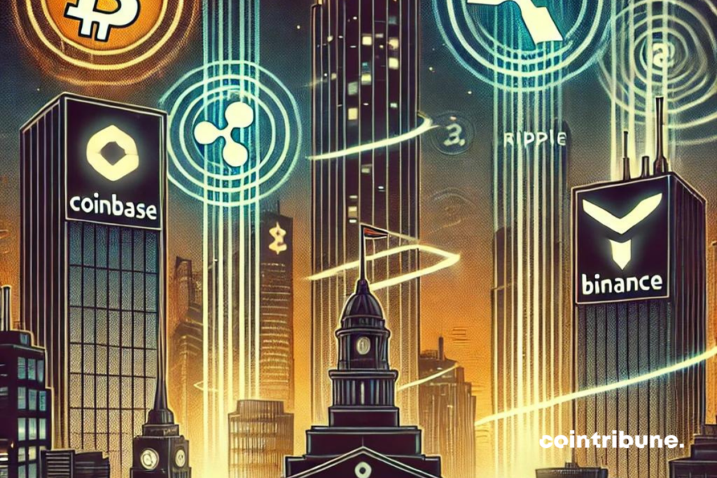 Un paisaje urbano futurista oscuro, con altos rascacielos que simbolizan las grandes empresas con los logotipos de CoinBase Binance y Ripple, mientras que los rayos de luz que representan los flujos de dinero envuelven los edificios y convergen en un edificio gubernamental en el fondo.