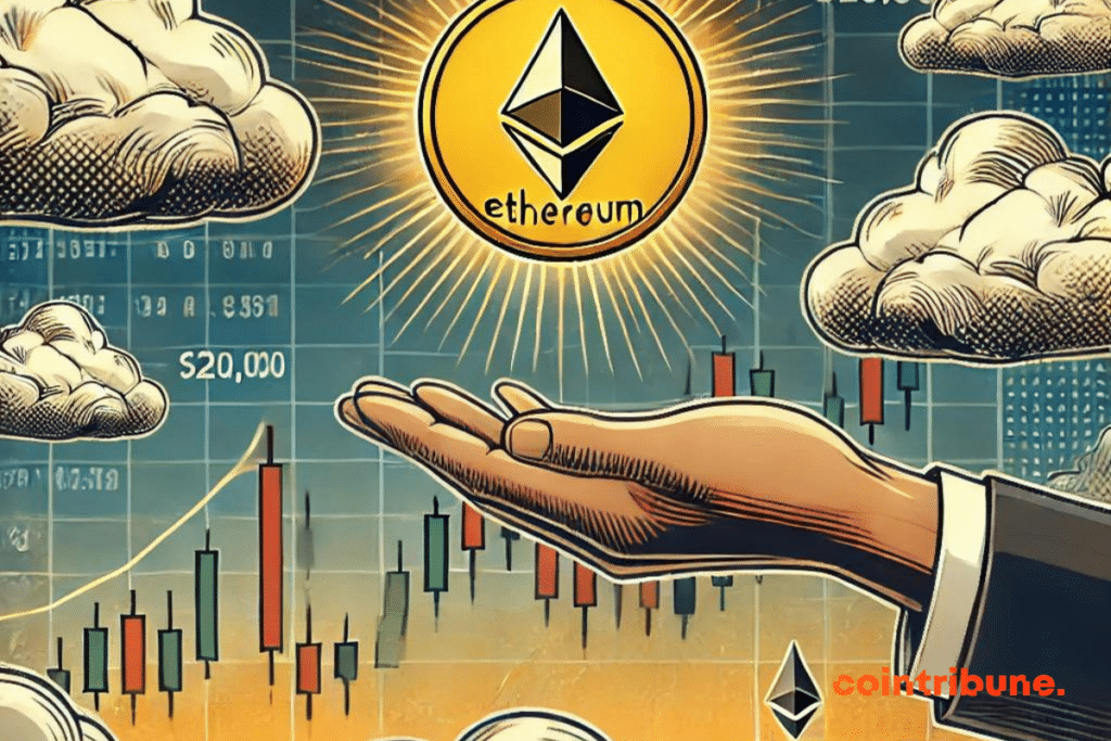 El ascenso de Ethereum en un contexto de mercado incierto. Muestra una criptomoneda Ethereum dorada brillante que se eleva suavemente hacia el cielo, rodeada de nubes oscuras que simbolizan las dudas e incertidumbres del mercado. En el fondo, los gráficos de acciones suben y bajan para representar la volatilidad, con destellos de optimismo alrededor de la moneda que sugieren una posible subida hacia los 20.000 dólares.