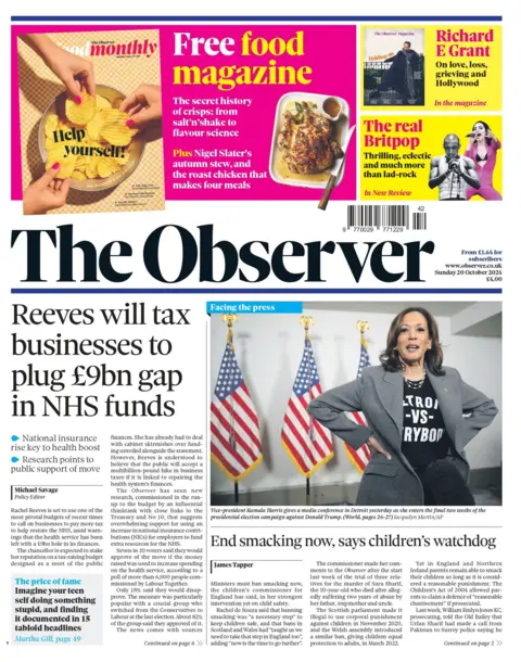 El titular del Observer dice: "Reeves gravará a las empresas para cubrir el déficit de 9.000 millones de libras en los fondos del NHS"