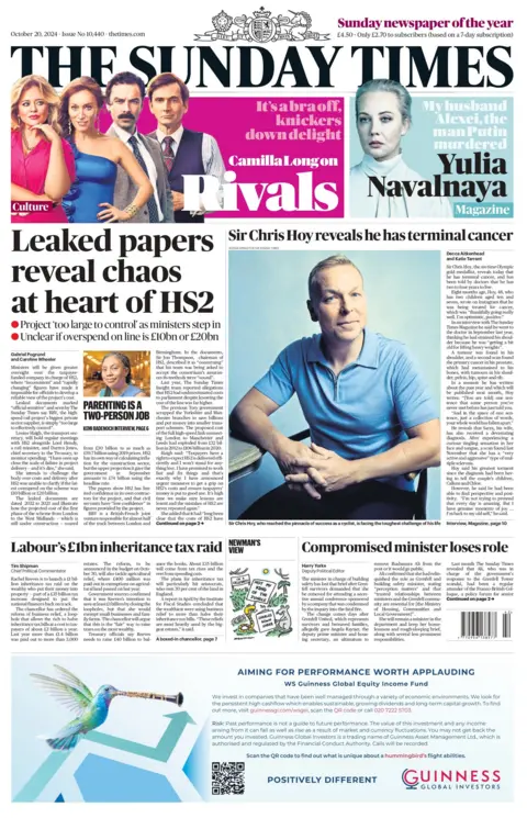 El titular del Times dice: "Documentos filtrados revelan el caos en el corazón de HS2"