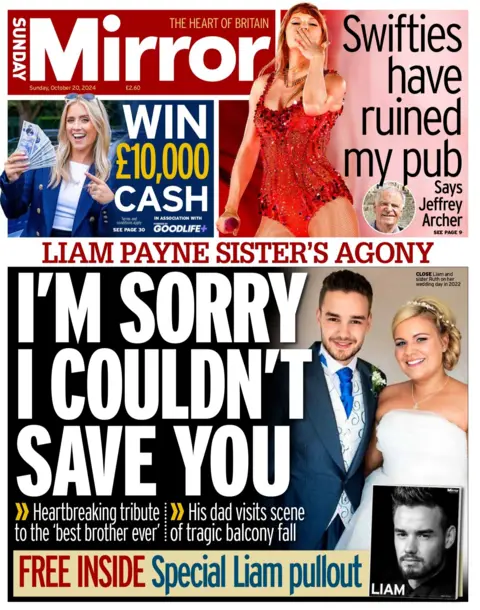 El titular del Sunday Mirror dice: "La agonía de la hermana de Liam Payne: 'Lamento no haber podido salvarte'"