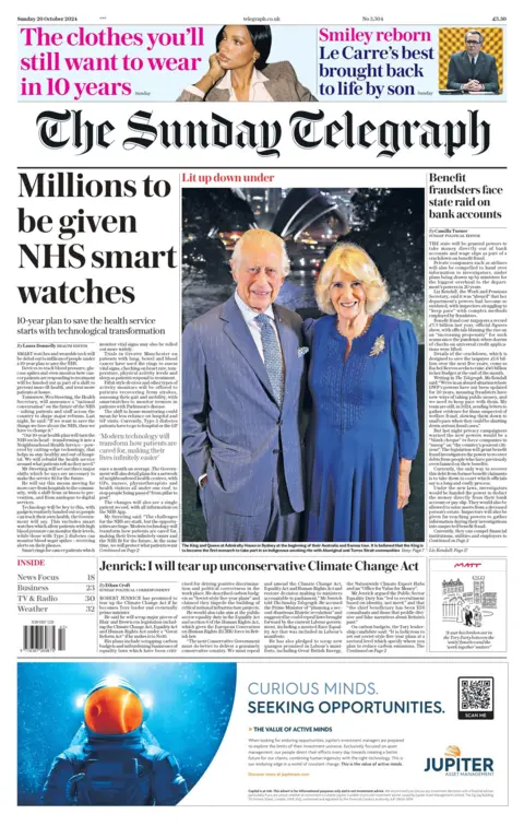 El titular del Sunday Telegraph dice: "Millones de dólares recibirán relojes inteligentes del NHS"