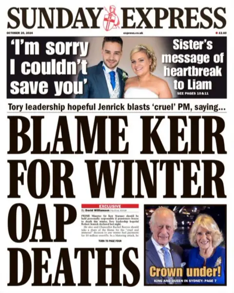 La portada del Sunday Express dice: "Culpe a Keir por las muertes de jubilados en invierno"