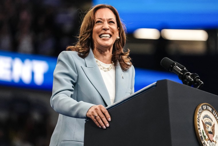 Kamala Harris sonríe mientras está detrás de un podio