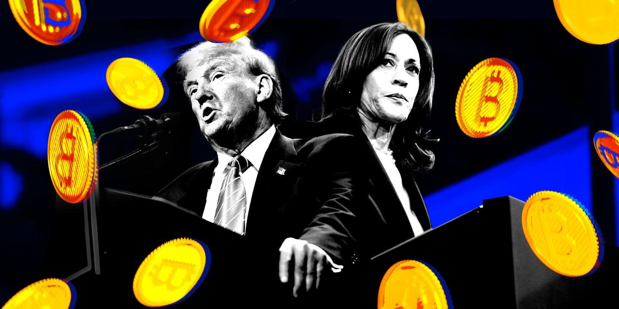 Collage de fotos de Donald Trump y la vicepresidenta Kamala Harris parados espalda con espalda, cada uno hablando en podios, rodeados por la criptomoneda Bitcoin en caída.