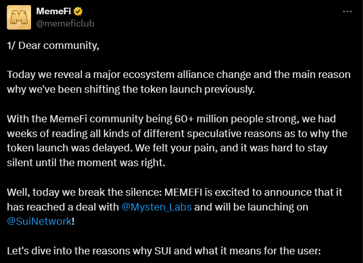MemeFi anunció su asociación con Mysten Labs en X