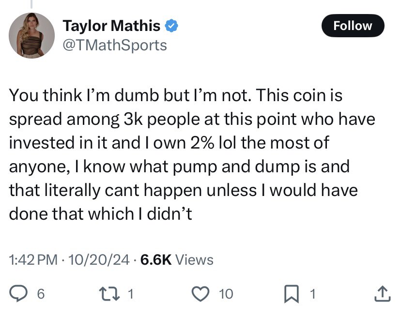 Un tweet de Taylor Mathis sobre la criptomoneda $TAYLOR.