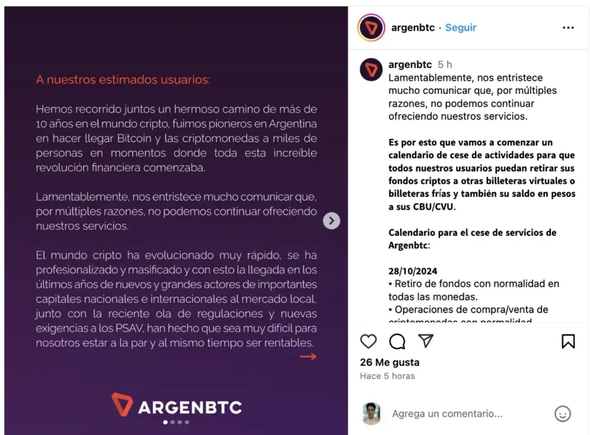 La plataforma pionera en cripto ArgenBTC anunció el cierre de operaciones. Fuente: Instagram