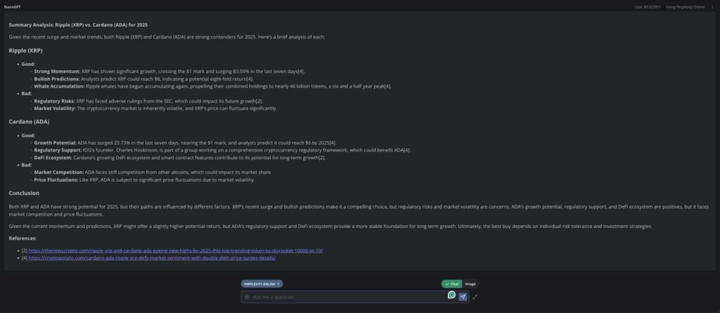 Perplexity Online AI en XRP vs. Cardano compra para 2025. Fuente: NanoGPT / Finbold / Vinicius Barbosa