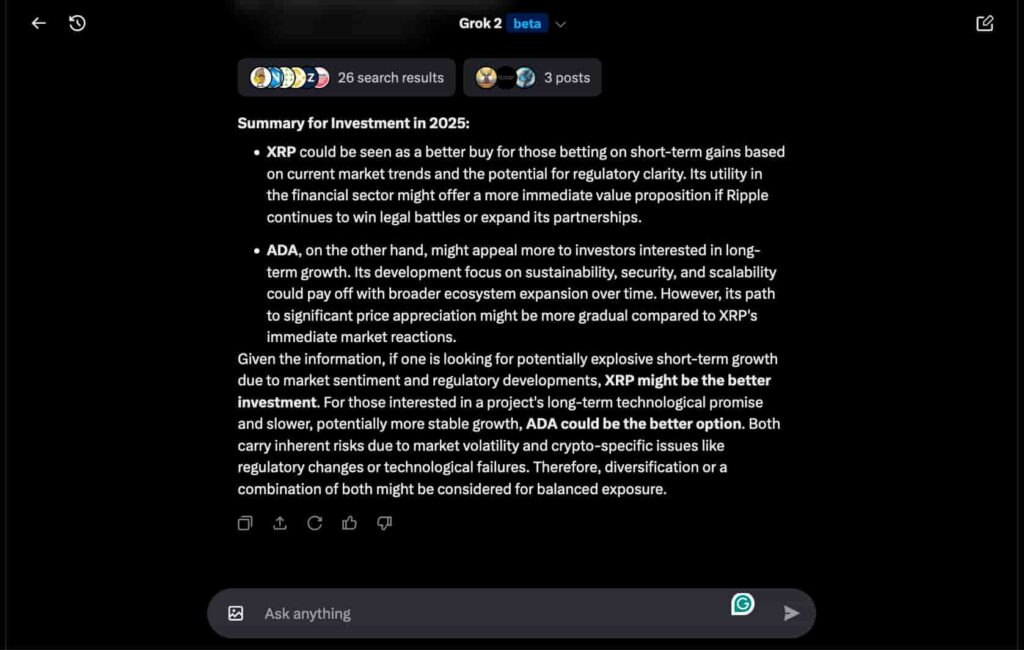 Grok 2 beta de xAI en XRP o ADA como una mejor compra en 2025. Fuente: X / Finbold / @vinibarbosabr