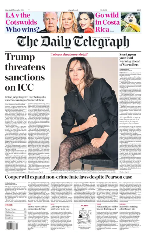 La portada del Daily Telegraph con el titular: "Trump amenaza con sanciones a la CPI"