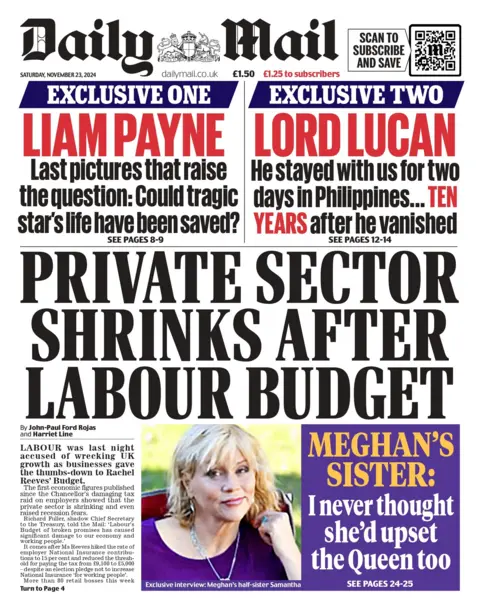 La portada del Daily Mail con el titular: "El sector privado se contrae tras el presupuesto laborista"