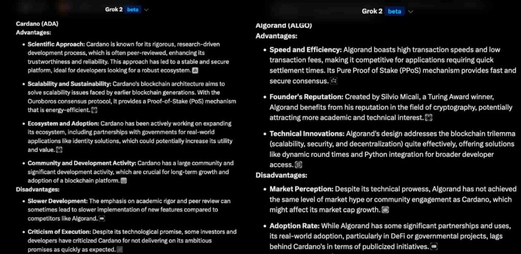 Ventajas y desventajas de Grok 2 beta sobre Cardano y Algorand. Fuente: X/Finbold