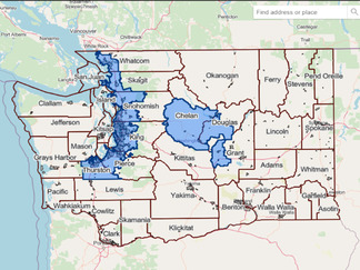 Un mapa de Washington con las áreas de gestión de productos orgánicos empresariales sombreadas en azul.