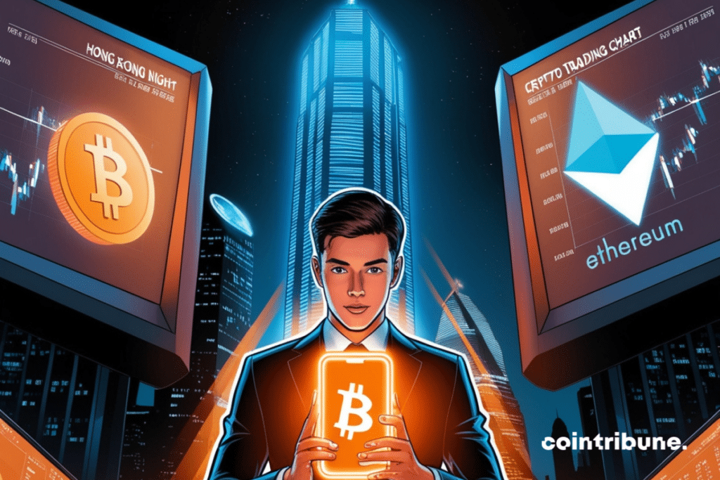 Ilustración de un comerciante de criptomonedas en Hong Kong