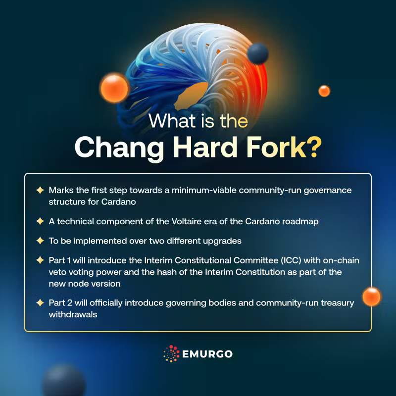 El hard fork Chang representa un componente técnico de la era Voltaire de la hoja de ruta de Cardano. Fuente: Emurgo