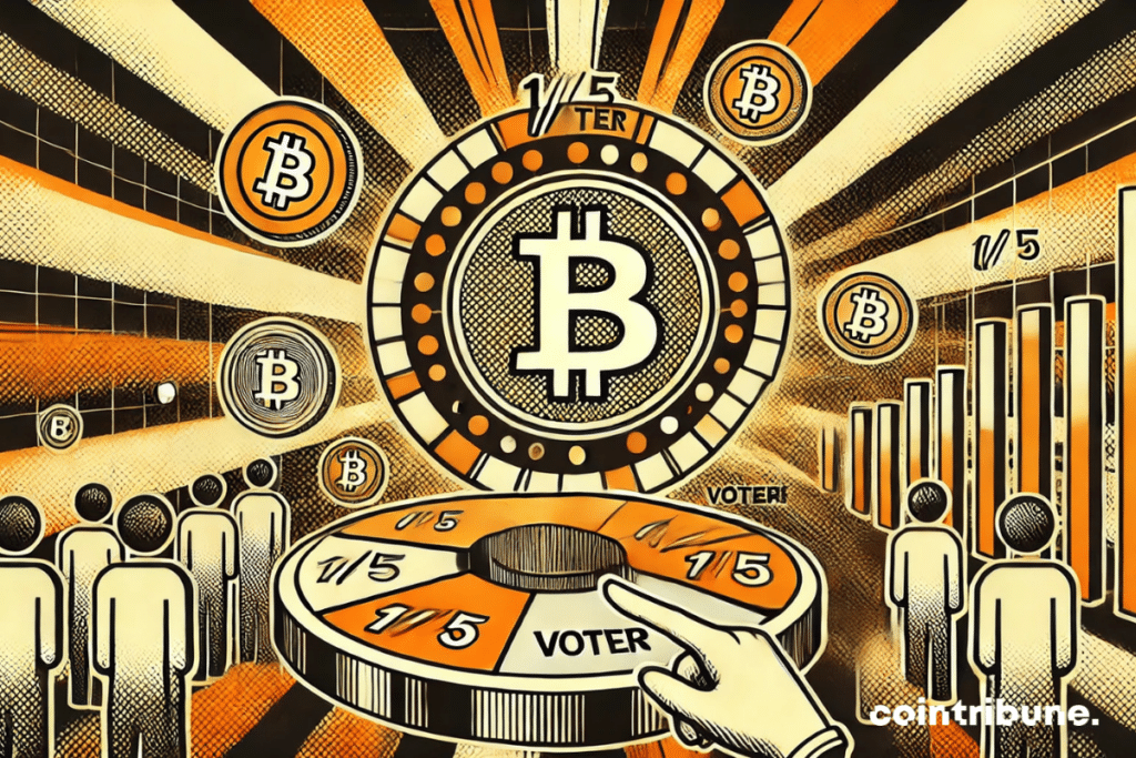 Un Bitcoin central rodeado de iconos criptográficos y formas geométricas que representan simbólicamente a los votantes, con el número '1/5' resaltado.